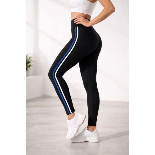 Likralı Yan Beyaz Mavi Şeritli Detaylı Tayt - Siyah