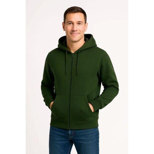 Erkek Üç İplik Kapüşonlu Tam Fermuarlı Kanguru Çepli SweatShirt Hoodie - Haki