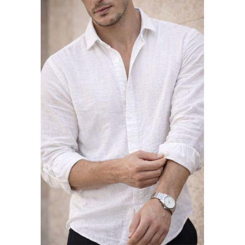 Nefes Alabilir Yarım Oversize Müslin Kumaş Uzun Kol Yakalı Erkek Gömlek - Beyaz