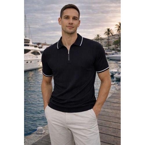 Jared Yakası Şeritli Dik Çizgili Yarım Fermuar İnce Triko Erkek T-Shirt - Siyah