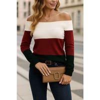Kadın Uzun Kollu Omuzlardan Açık Uzun Kollu Blok çizgili Triko Bluz