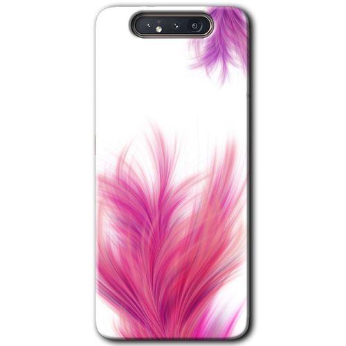 MRCİLETİSİM Samsung Galaxy A80 Kılıf Baskılı Kapak - Pembe Tüy + 5D Tam Kaplayan Cam