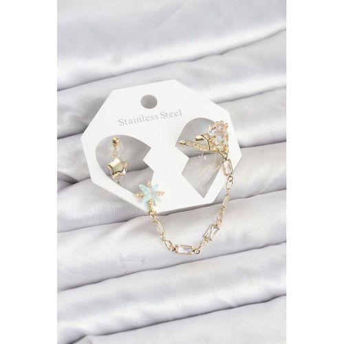 Yıldız Model Pirinç Gold Renk Zincir Bağlantılı Ear Cuff Küpe Seti