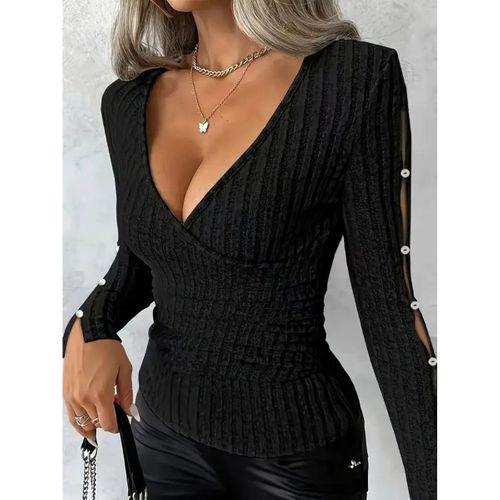 Kadın Uzun Kollu Kruvaze Yakalı Incili şardonlu Kaşkorse Bluz