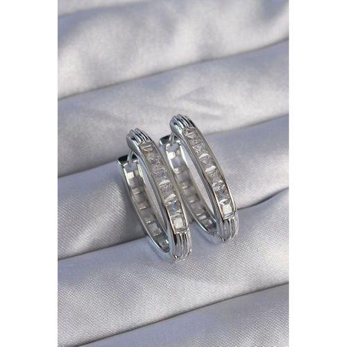 Pirinç Gümüş Renk Zirkon Taşlı Oval Model Küpe - TJ-BKP9078