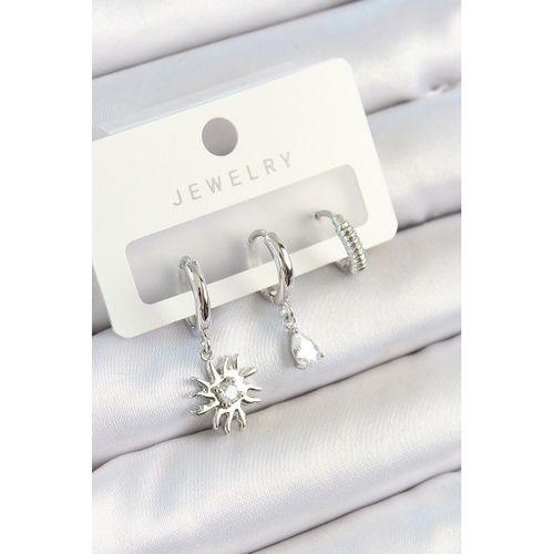 Pirinç Zirkon Taşlı Güneş Model Gümüş Renk 3'lü Çift Kadın Küpe Set