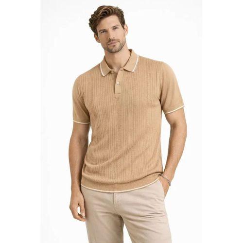 Erkek Düğmeli Yaka Triko Dokuma Tişört Desenli Yazlık Şık Günlük Triko Tişört - Kahverengi