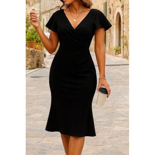 Kadın Kısa Kelebek Kollu Kruvaze Yaka Ithal Krep Midi Elbise