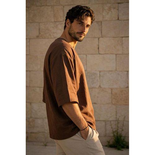 Castiel Bisiklet Yaka Fakir Kol Oversize Kısa Kol T-shirt - Kahve