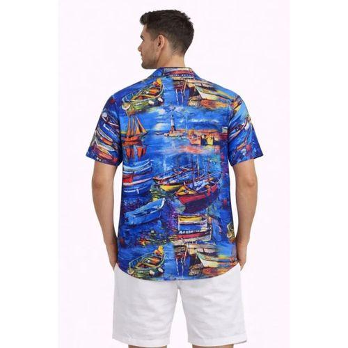 Erkek Marin Desenli Kısa Kol Gömlek Yazlık Rahat Kalıp Dijital Baskılı - Desenli
