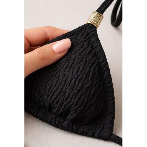 Siyah Pedli Üçgen Bikini Üstü Halter Bağlamalı Aksesuarlı Esnek Kumaş Kadın Mayo Üstü