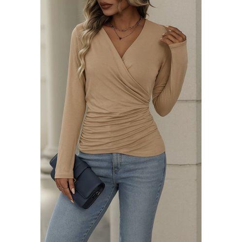 Kadın Uzun Kollu Kruvaze Yaka Yanlardan Büzgülü Viskon Bluz