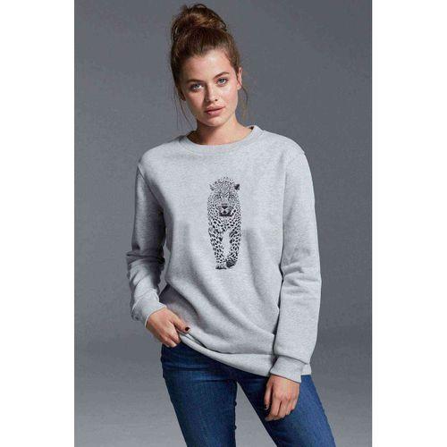 Leopar Jaguar Hayvan Baskılı Gri Kadın Sweatshirt