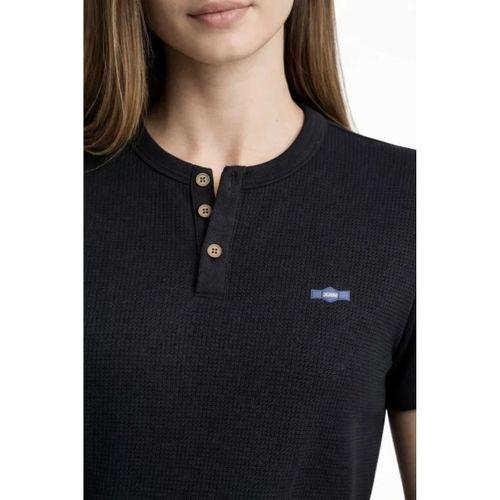 Waffle Dokulu Likralı Henley Yaka Düğmeli Regular Kısa Kollu T-Shirt - Siyah