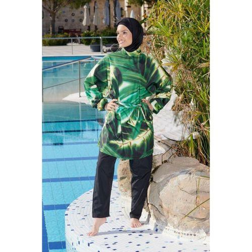 Estiva 26968 Siyah Emerald Flow Tam Kapalı Pantolonlu Kuşak Detaylı Tesettür Mayo