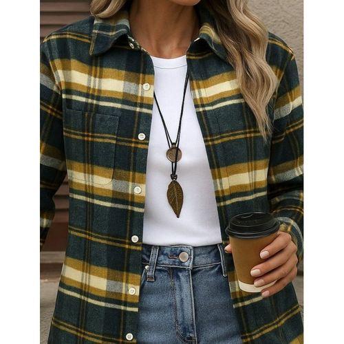 Kadın Uzun Kollu Kare Desenli önden Düğmeli Dokuma Gömlek