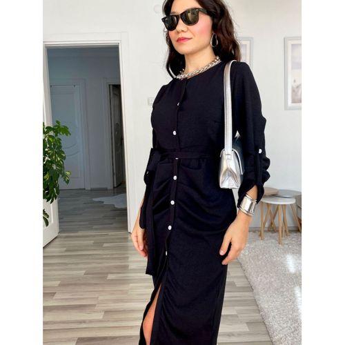 Kadın Uzun Kollu önden Düğmeli Beli Kuşaklı Aerobin Midi Elbise