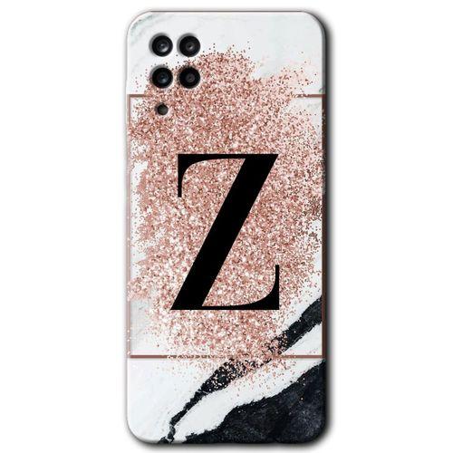 MRCİLETİSİM Samsung Galaxy M12 Kılıf Baskılı Kapak - Pembe Mermer Desenli Z Harfi +Tam Ekran Koruyucu