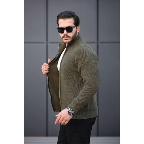 Oversize Selanik Örme Fermuarlı Erkek Hırka- Haki