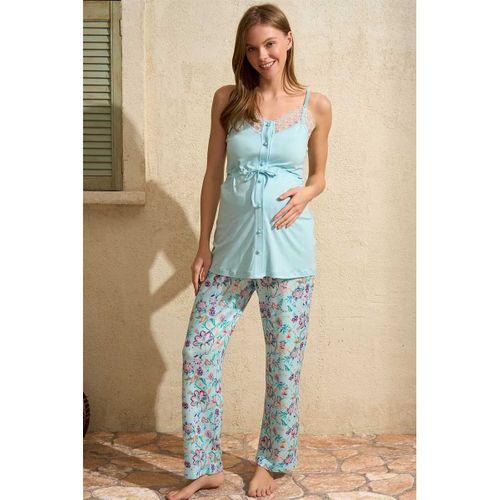 İp Askılı V Yaka Kadın Çiçek Desenli Yazlık Dantel Detaylı Hamile Pijama Takımı Sabahlık