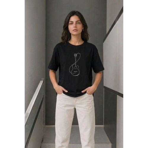 Minimal Gitar Baskılı Tişört T-Shirt Yazlık Kısa Kol Bisiklet Yaka T-Shirt - Siyah