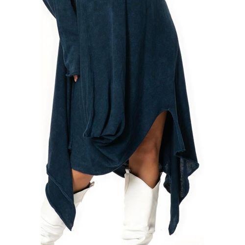 Uzun Kol Handan Asimetrik Kesim Sonbahar ve Kışlık Dökümlü Midi Boy Triko Elbise İndigo indg