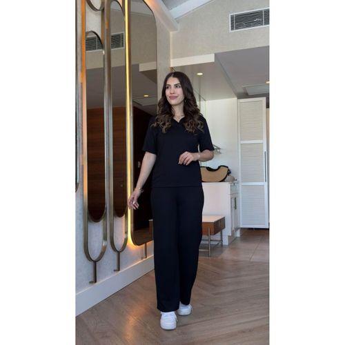 Kadın Kısa Kollu Yakalı Viskon Iki Iplik Bluz Ve Pantolon Ikili Takım