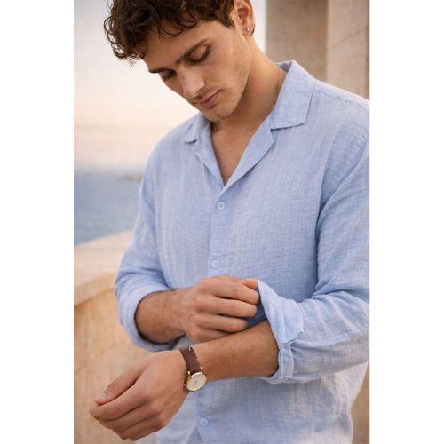 Apaş Yaka Oversize Müslin Kumaş Gömlek - Buz Mavi