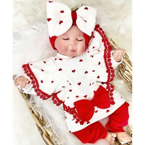 Fiyonklu Kalp Desenli % 100 Pamuk 3'lü Kız Takım