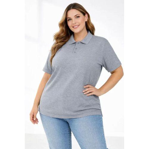 Pike Kumaş Düğmeli Yaka Battal Büyük Beden Günlük Kısa Kol Tişört T-shirt - Gri