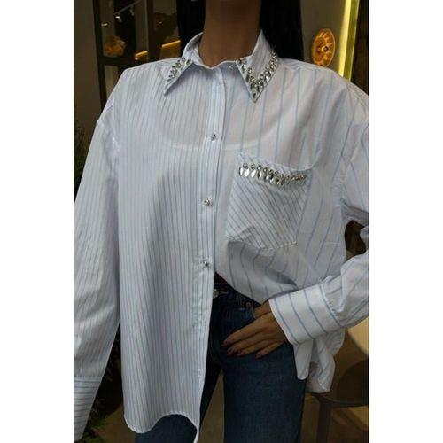 Yaka Ve Cebi Taşlı Çizgili Over Gömlek 3406