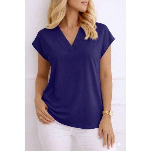 Kadın V Yaka Kısa Kol Dokuma Viskon Kumaş Bluz