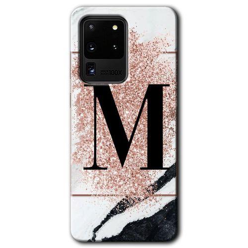 Galaxy S20 Ultra Kılıf HD Desen Baskılı Arka Kapak - Pembe Mermer Desenli M Harfi