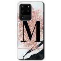 Galaxy S20 Ultra Kılıf HD Desen Baskılı Arka Kapak - Pembe Mermer Desenli M Harfi