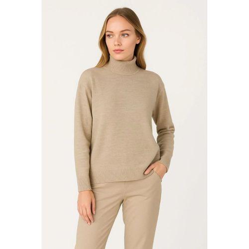 Yarım Boğaz Triko Kazak Yumuşak Dokulu Pamuklu Ince Dokuma, Uzun Kollu Rahat Regular Kalıp - Bej