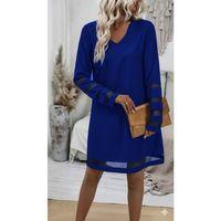 Kadın Uzun Kollu V Yakalı Tül şerit Detaylı Mini Krep Elbise