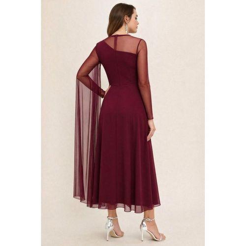 Kadın Uzun Kollu Yarı Balıkçı Yaka Tül Detaylı Uzun Sandy Elbise