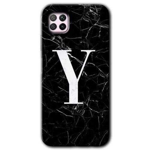 MRCİLETİSİM Huawei P40 Lite Kılıf HD Desen Baskılı Arka Kapak + Temperli Cam - Siyah Mermer Desenli Y Harfi
