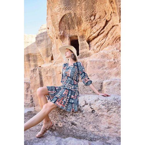 Etnik Desenli Truvakar Kollu V Yaka Elbise