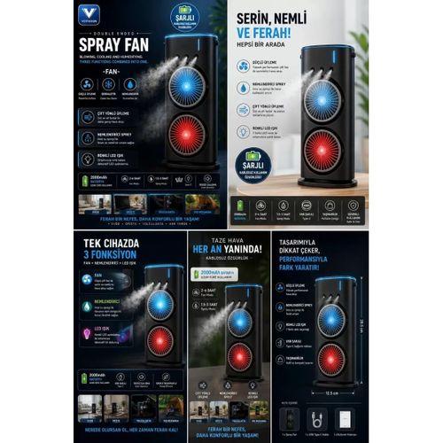 Çift Başlıklı Sprey Fan Nemlendirici Ve Renkli Led Işıklı Siyah