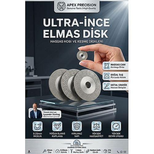 22mm Elmas Kesme Diski 3lü Set Ultra İnce 0.25mm Gravür Hobi Taş Cam Metal Hassas Kesici Testere Bıçağı 723541