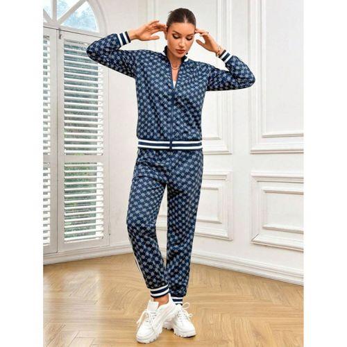 Kadın Uzun Kollu önden Fermuarlı Desenli Iki Iplik Bluz Ve Pantolon Ikili Takım