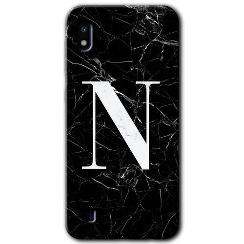 Samsung Galaxy A10 Kılıf HD Desen Baskılı Arka Kapak + Temperli Cam - Siyah Mermer Desenli N Harfi