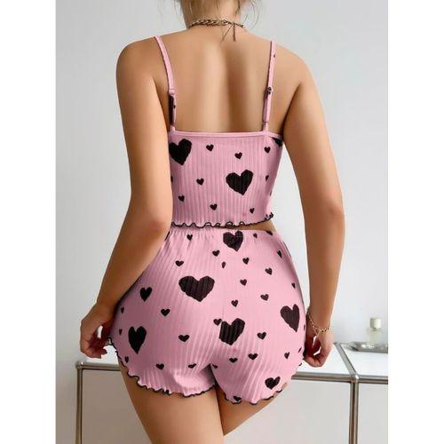 Pamuklu Pembe Üstüne Siyah Kalp Desenli Askılı Fitilli Şortlu Pijama Takımı