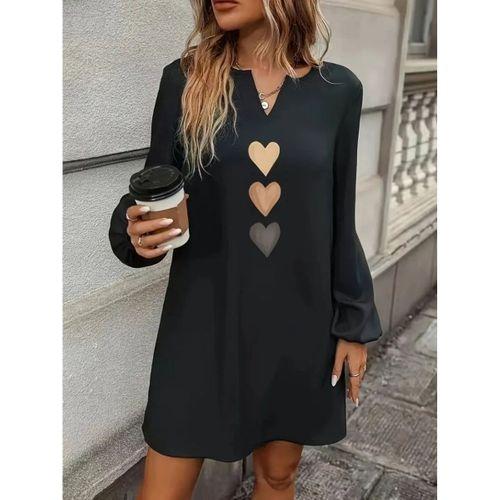 Kadın Uzun Kollu V Yakalı Kalp Desenli Mini Ithal Krep Elbise