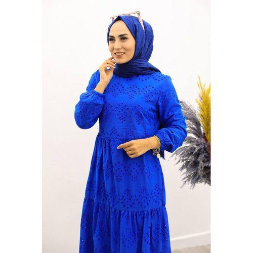 Güpürlü Elbise Boydan Astarlı Pamuk Kumaş Saks Mavi