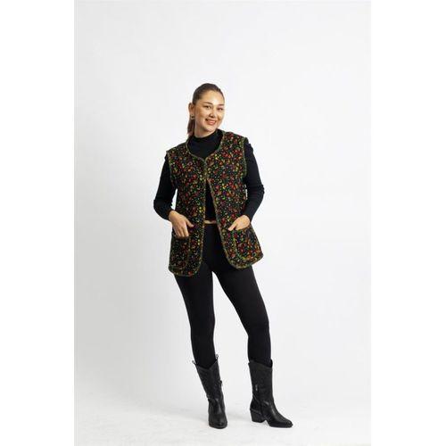 Kolsuz Meryem Çift Taraflı Cepli Pazen Kışlık Yelek Çiçek Siyah/Bordo ÇiçekSyh