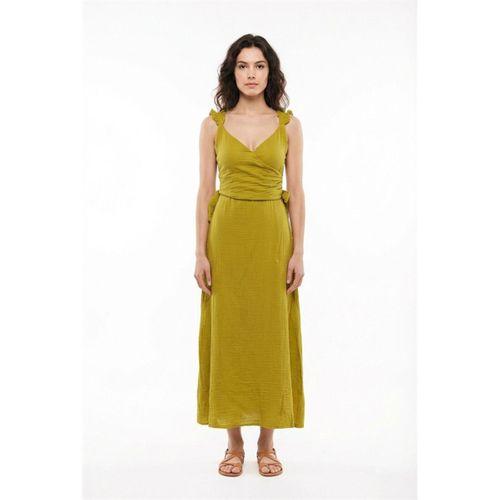 Lady Ayarlanabilir Omuz Askılı V Yaka Uzun Müslin Elbise Yağ Yeşili Ygysl