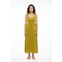 Lady Ayarlanabilir Omuz Askılı V Yaka Uzun Müslin Elbise Yağ Yeşili Ygysl