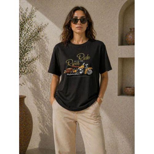 Motosiklet Baskılı Tişört Bisiklet Yaka Kısa Kol Yazlık T-Shirt - Siyah